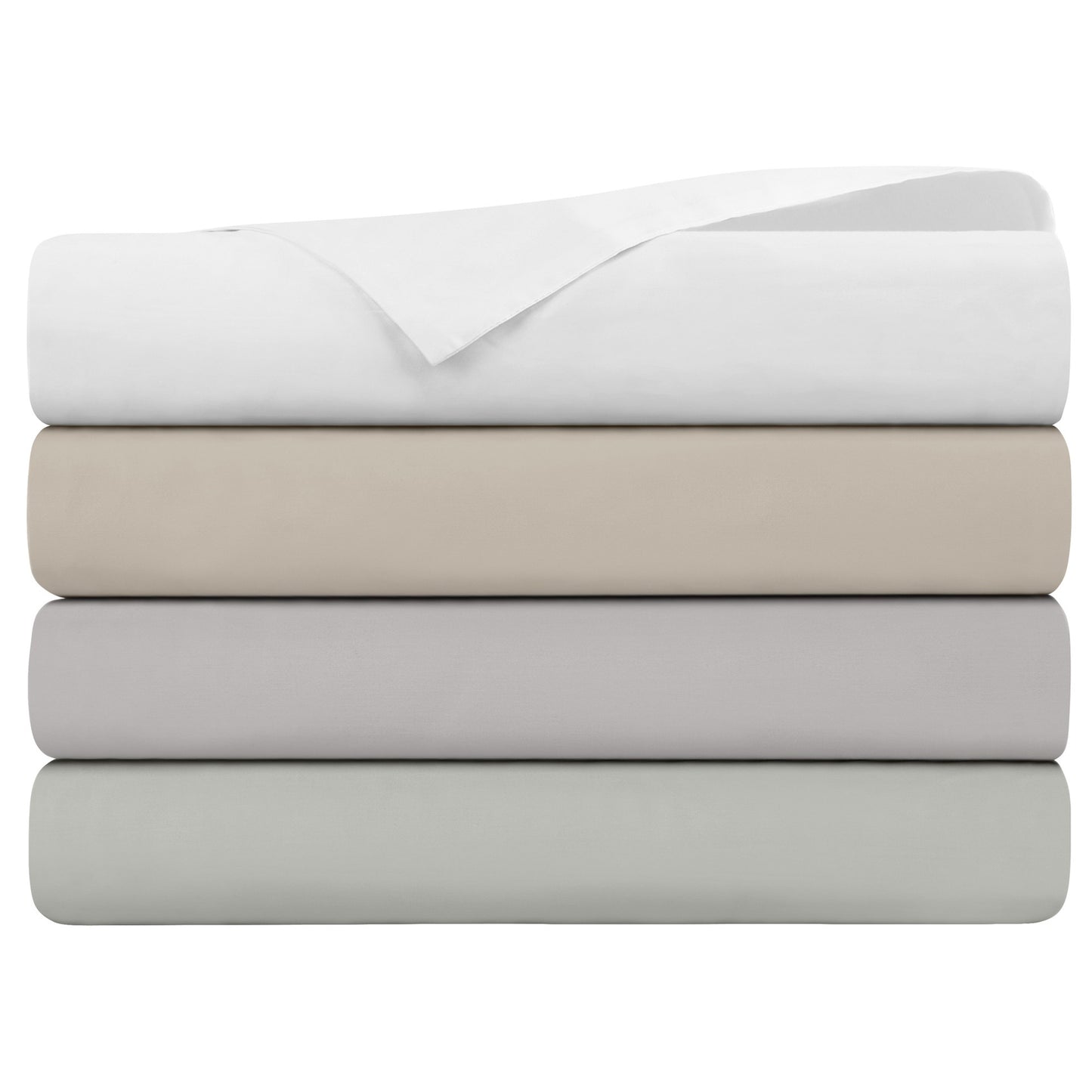 Stack of folded white, Punice Stone, Lunar Rock and Oystershell bed sheets on a white background