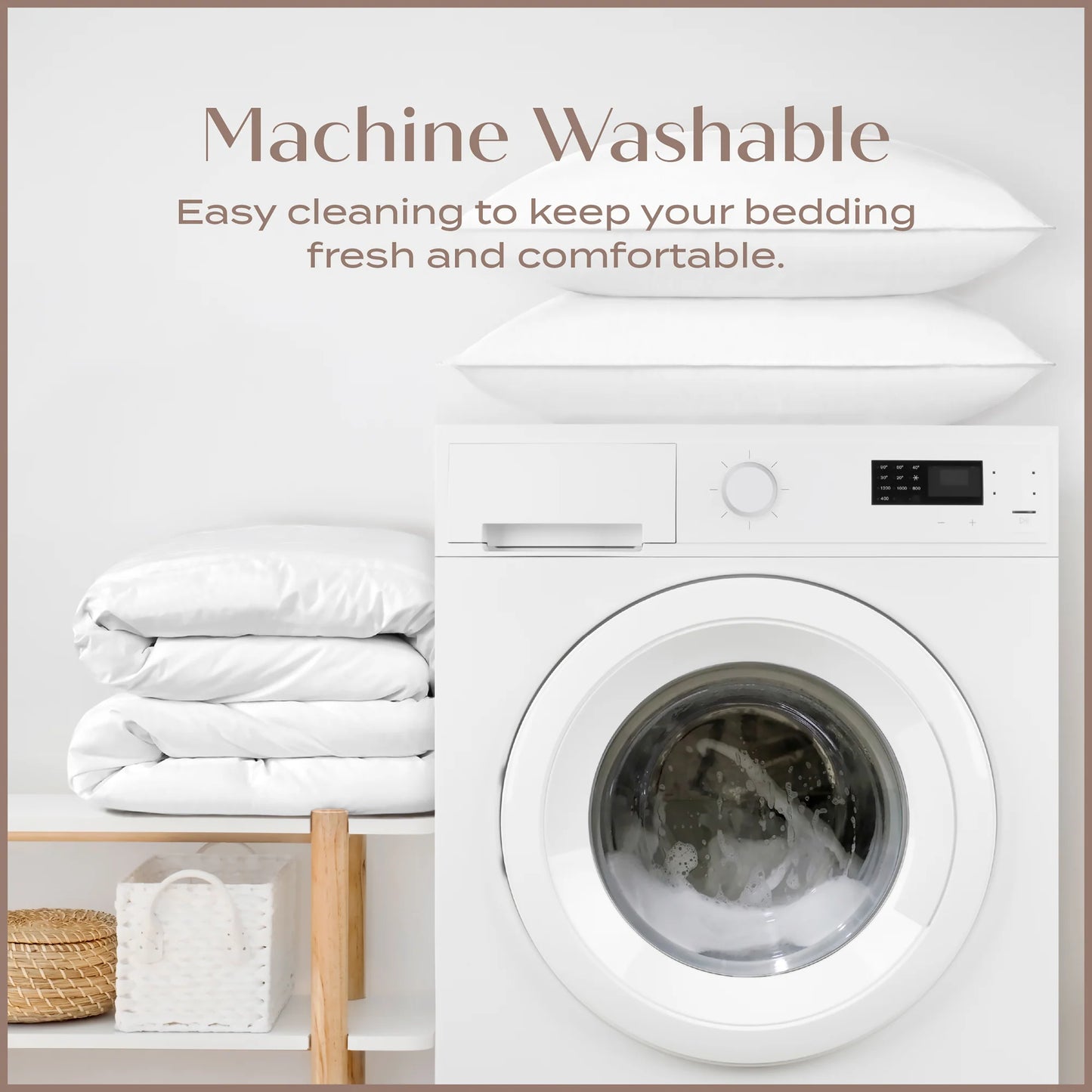 washing machine with bedding and text about machine washability.