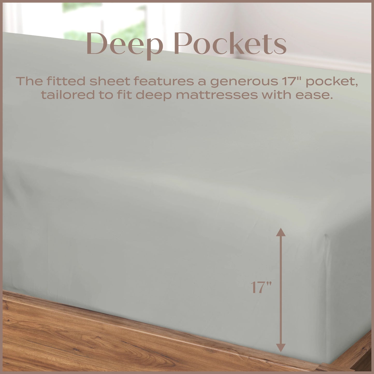Fitted sheet with deep pockets on a mattress, showing a measurement of 17 inches.