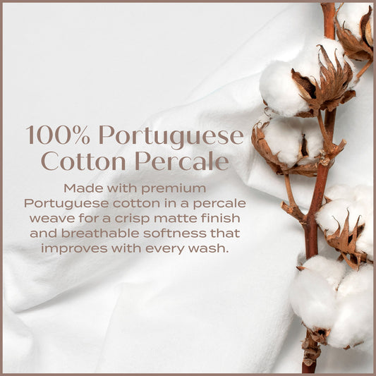 100% Portuguese Cotton Percale fabric with cotton plant on a white background