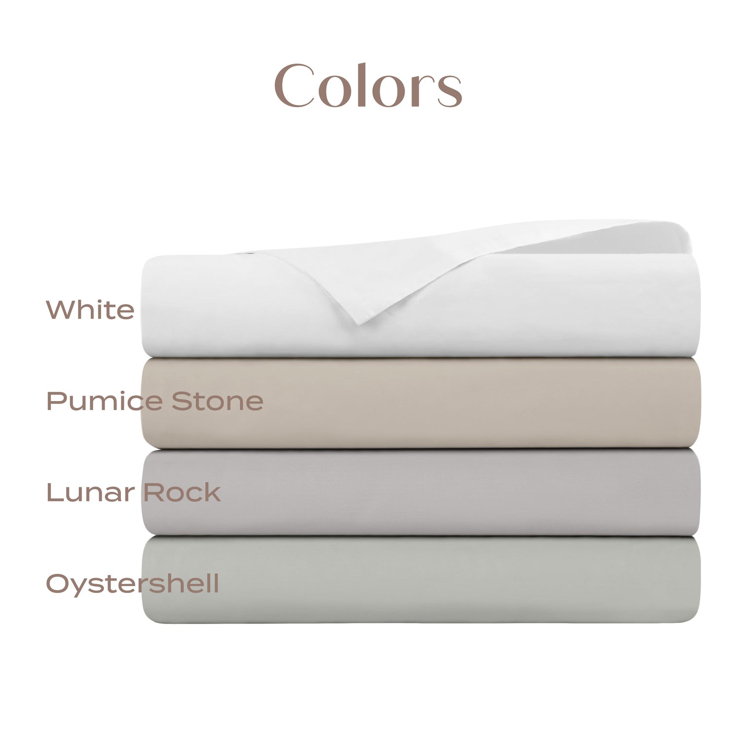 Stack of folded sheets in four colors with labels on a white background