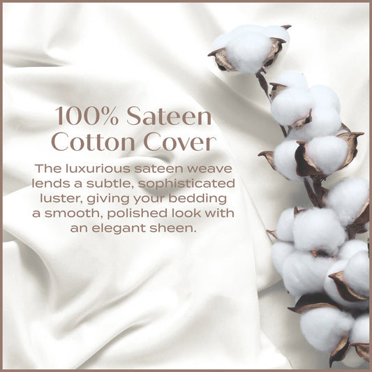 Cotton cover with sateen weave and cotton bolls on a white background