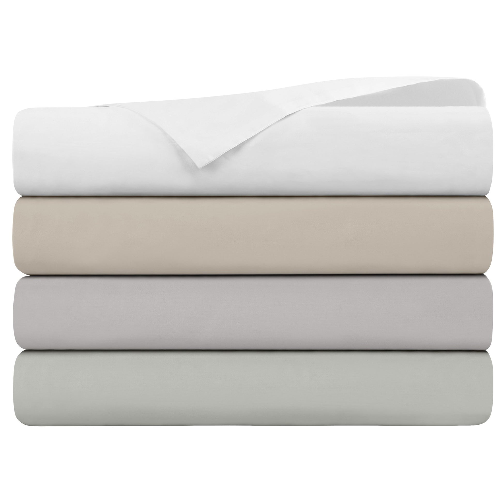 Stack of folded white, Punice Stone, Lunar Rock and Oystershell bed sheets on a white background