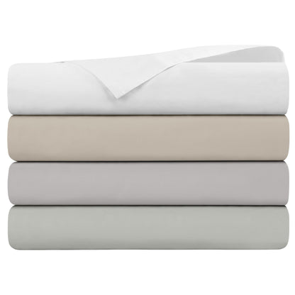 Stack of folded white, Punice Stone, Lunar Rock and Oystershell bed sheets on a white background