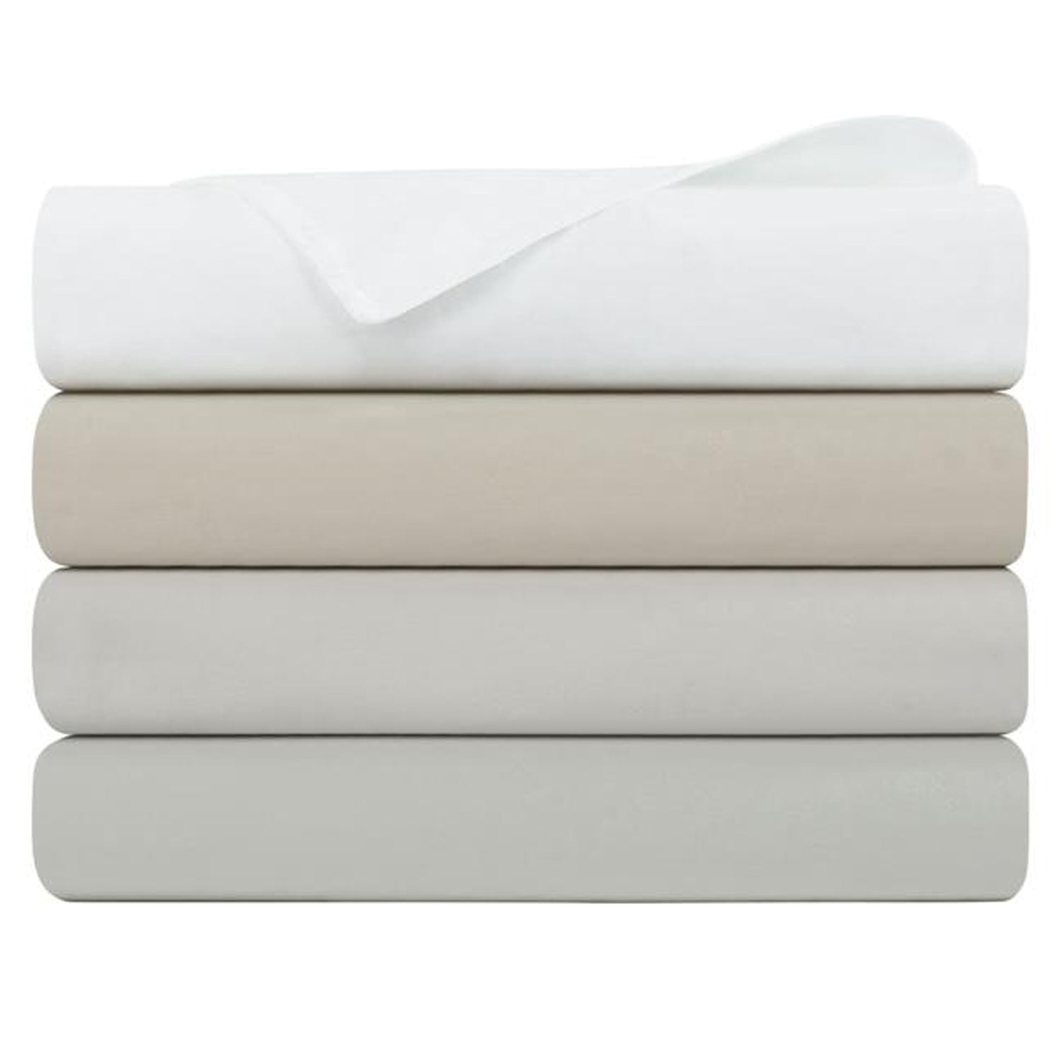 Stack of White, Pumice Stone, and Lunar Rock, and Oystershell bed sheets on a white background